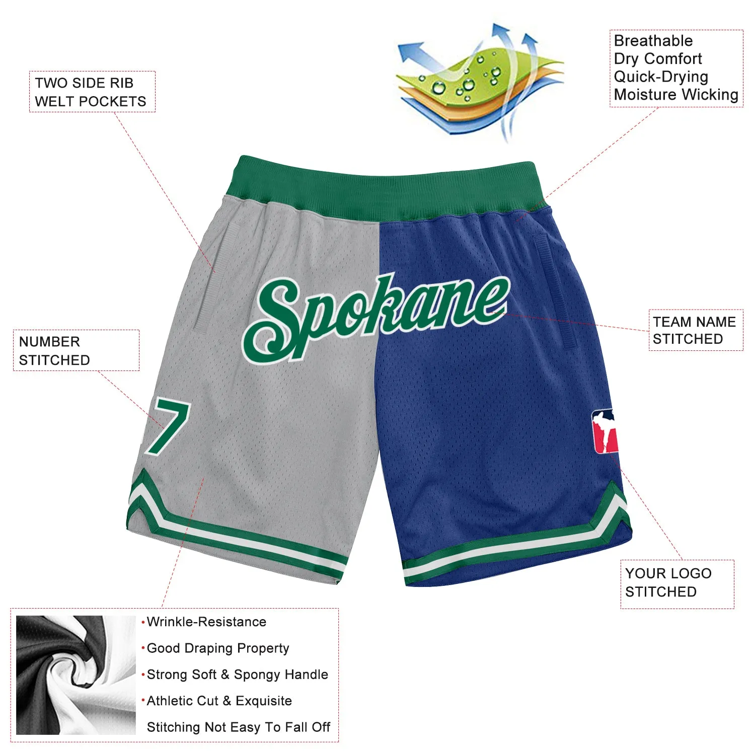 Custom Gray Kelly Green-Royal Authentic Throwback Split Fashion Basketball Shorts