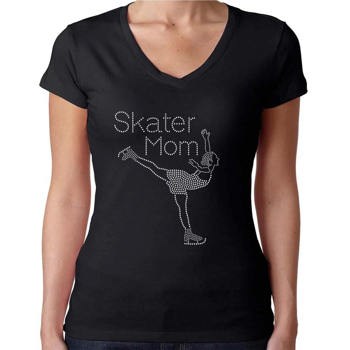 Womens T-Shirt Rhinestone Bling Black Fitted Tee Figure Ice Skater Mom